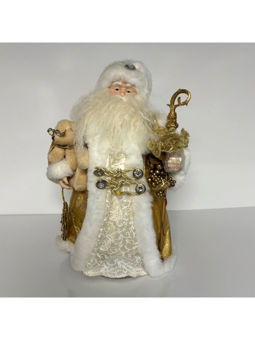 Santa Figurine Tree Topper Gold White Faux Fur Trim Bear Star Vintage 17 inch